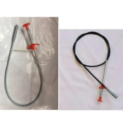 Two types of kitchen pipe dredging tools, one coiled and one with a black flexible cable.