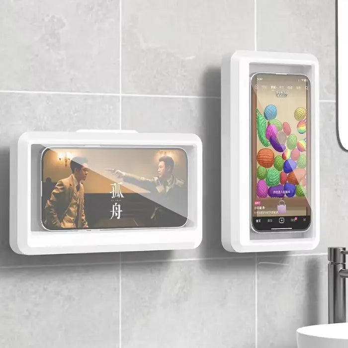 Two waterproof screens mounted on bathroom wall, displaying entertainment content and colorful app interface for immersive bathing experience