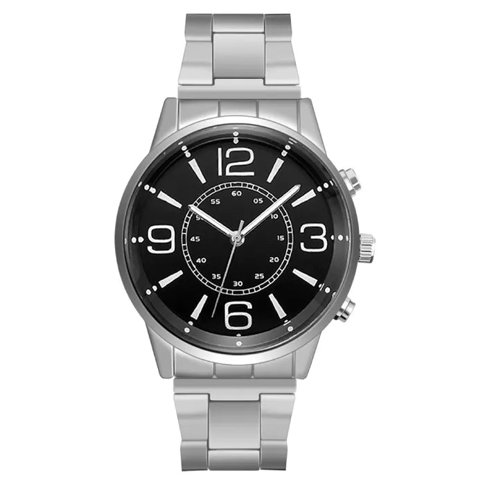 Modern two-tone watch featuring black dial and silver case with prominent hour markers and steel bracelet