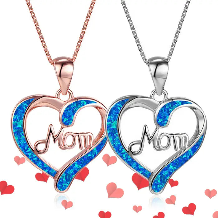 Dual-tone mom heart necklaces in rose gold and silver with blue opal inlay, a perfect gift for moms.