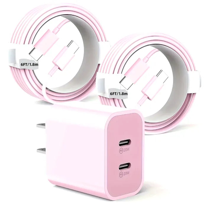 Two 6FT USB-C cables with a dual-port 20W charger. Pink design, perfect for simultaneous device charging.