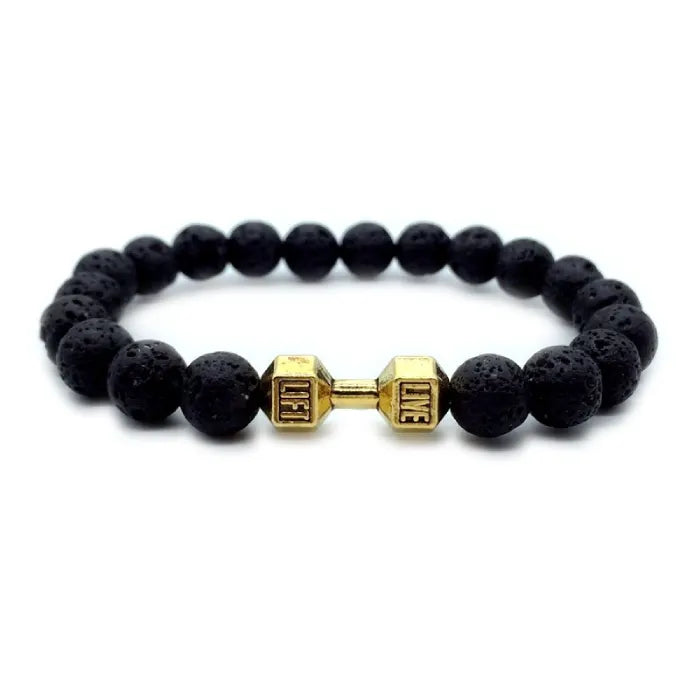 dumbbell bracelet with gold dumbbell charm and black lava stone beads