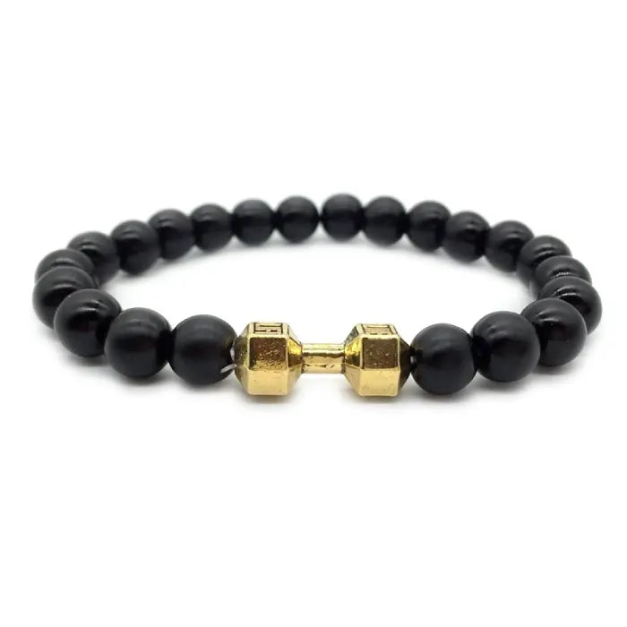 dumbbell bracelet with gold dumbbell charm and shiny black onyx beads