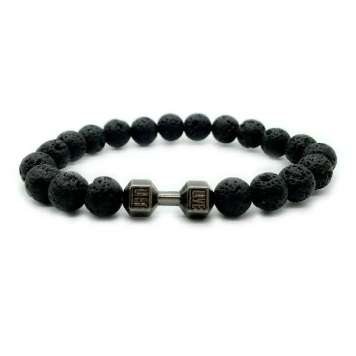 dumbbell bracelet featuring gunmetal dumbbell charm with black lava beads