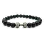 dumbbell bracelet with gunmetal dumbbell charm and black onyx beads