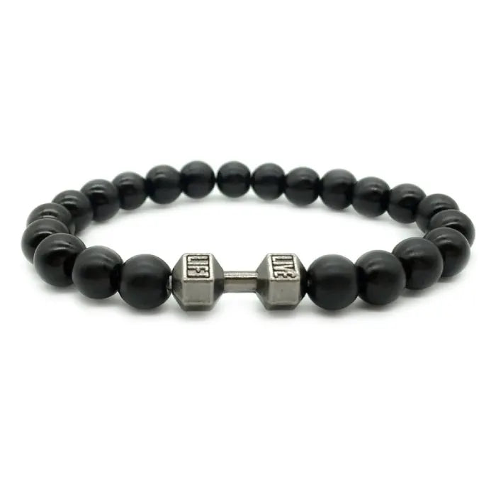 dumbbell bracelet with gunmetal dumbbell charm and black onyx beads