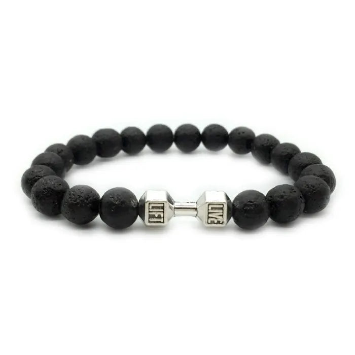 dumbbell bracelet with silver dumbbell charm and black lava stone beads