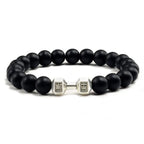 dumbbell bracelet with silver dumbbell charm and matte black beads