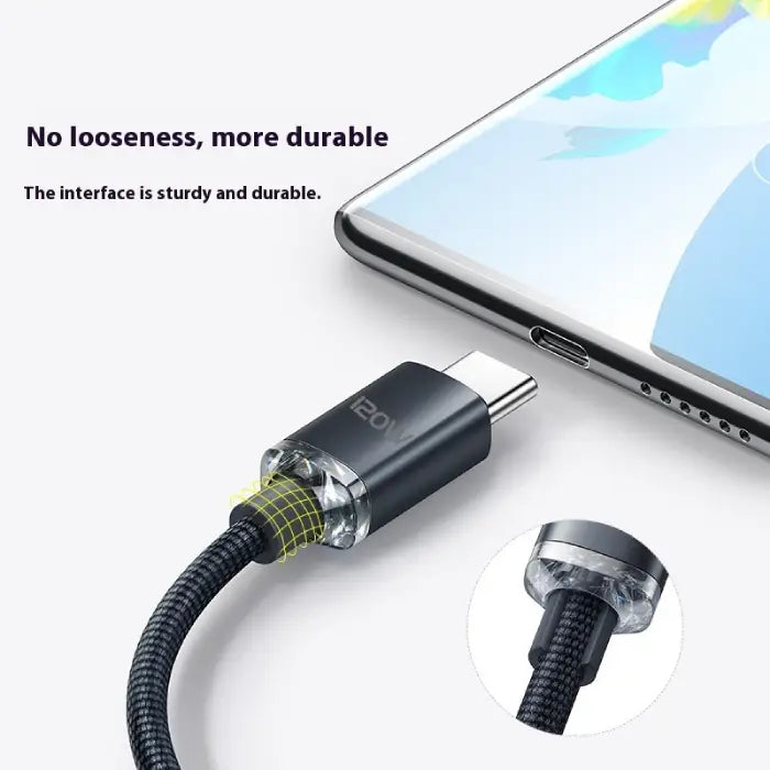 Durable 120W Type-C fast charging cable with reinforced interface for long-lasting charging performance.