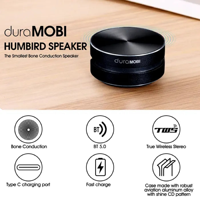 DuraMOBI Humbird speaker with six feature icons showing bone conduction, BT5.0, and charging specifications