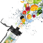 Water bottle with dynamic fruit splash showcasing infusion process for healthy hydration.