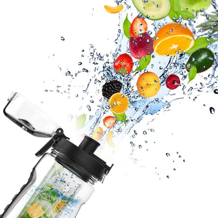 Water bottle with dynamic fruit splash showcasing infusion process for healthy hydration.