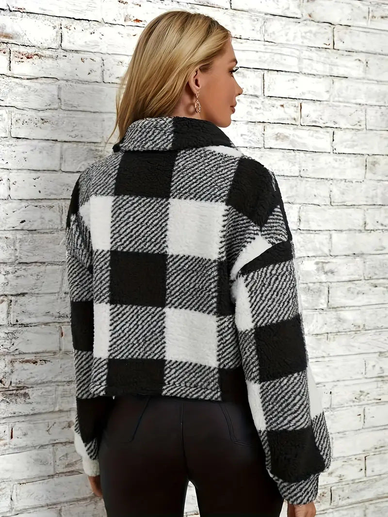 Plaid Cropped Jacket: Warm Sherpa & Trendy Style for Women