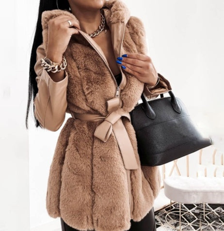 New Style Fur Belt Belt Hooded Zipper Jacket Women's Clothing - UrSuperMart