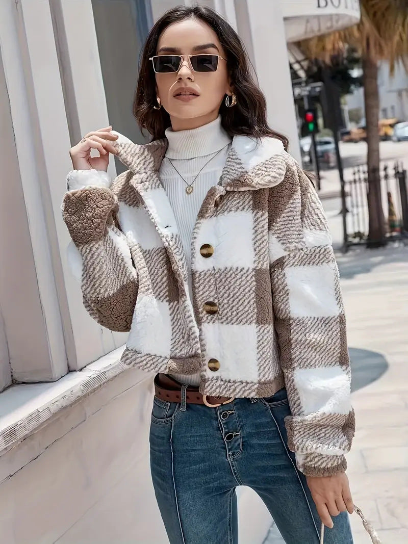 Plaid Cropped Jacket: Warm Sherpa & Trendy Style for Women