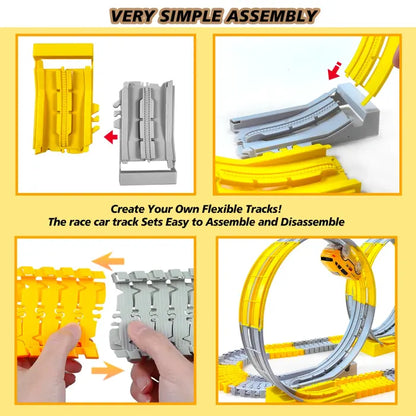 Instructions for assembling a flexible race track car set with loop design and easy-to-connect parts.