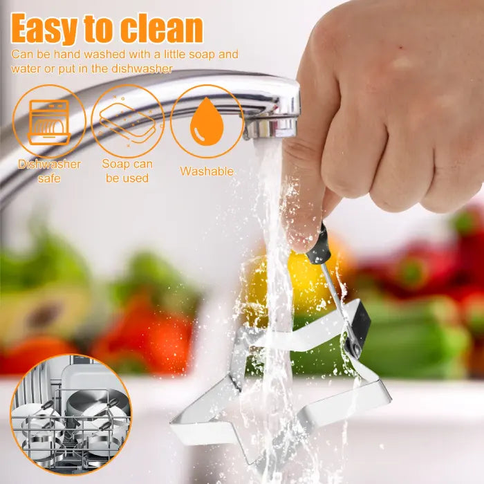 Easy-to-clean stainless steel egg mold under running water with dishwasher-safe design for convenience.