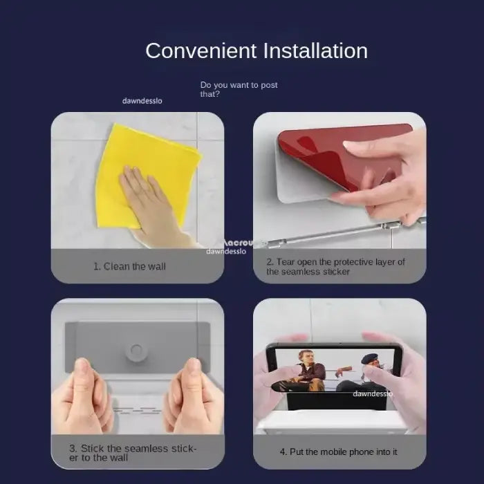 Four-step guide for convenient installation of wall-mounted phone holder, from cleaning to device placement.