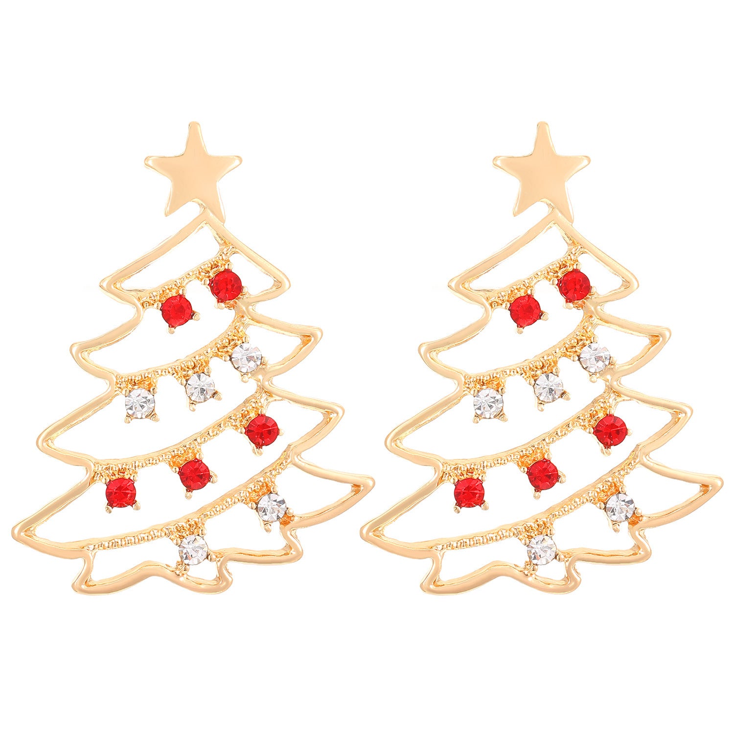 Christmas Tree Earrings Gold Red Green Festive Sparkle