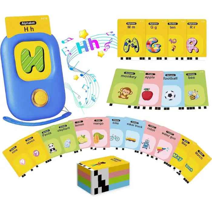 Educational flashcard reader full kit with letters, fruits, animals, vehicles, and numbers for early learning.