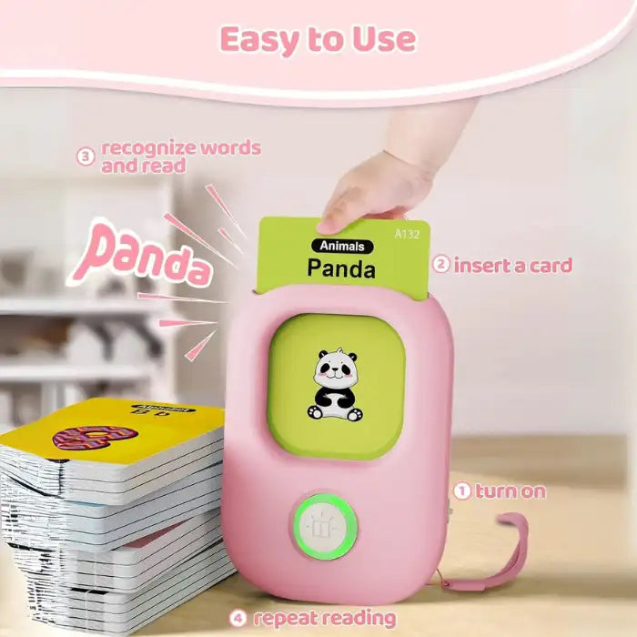 Educational flashcard reader showing easy steps to use with inserted panda card for kids' word learning.