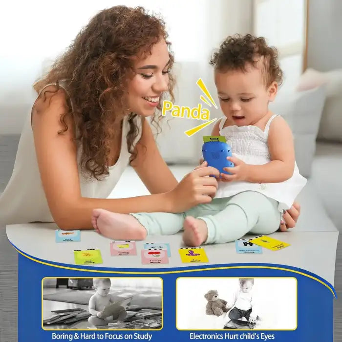 Mom and child using educational flashcard reader toy to learn animal names like panda in a fun way.