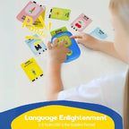 Child using educational flashcard reader to hear words like panda and dog from colorful learning cards.