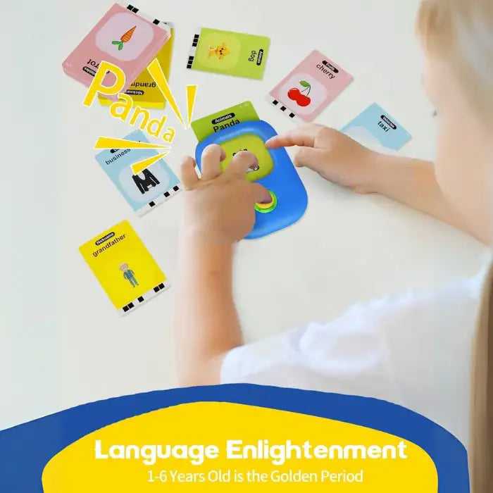 Child using educational flashcard reader to hear words like panda and dog from colorful learning cards.