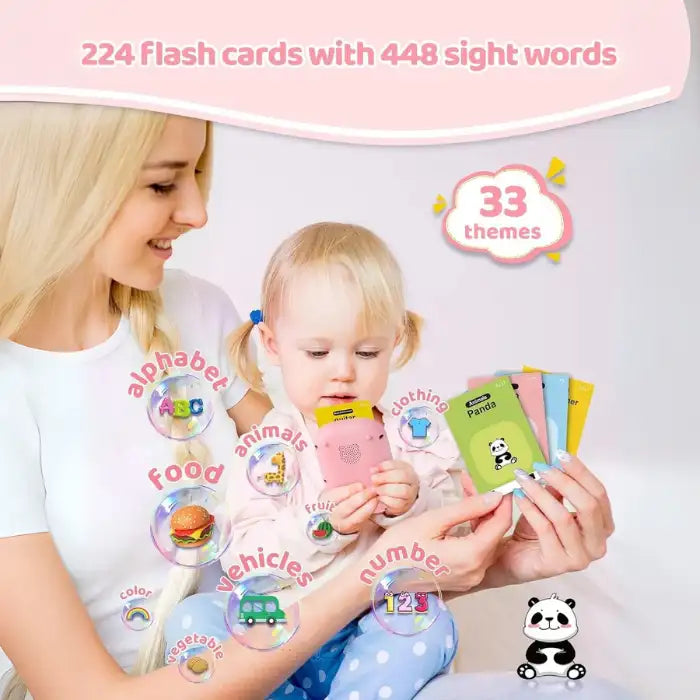 Toddler girl using educational flashcard reader with mom to learn words like panda, alphabet, and food.
