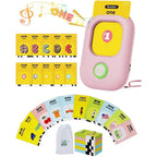 Educational flashcard reader with colorful cards for kids covering numbers, alphabet, and daily words.