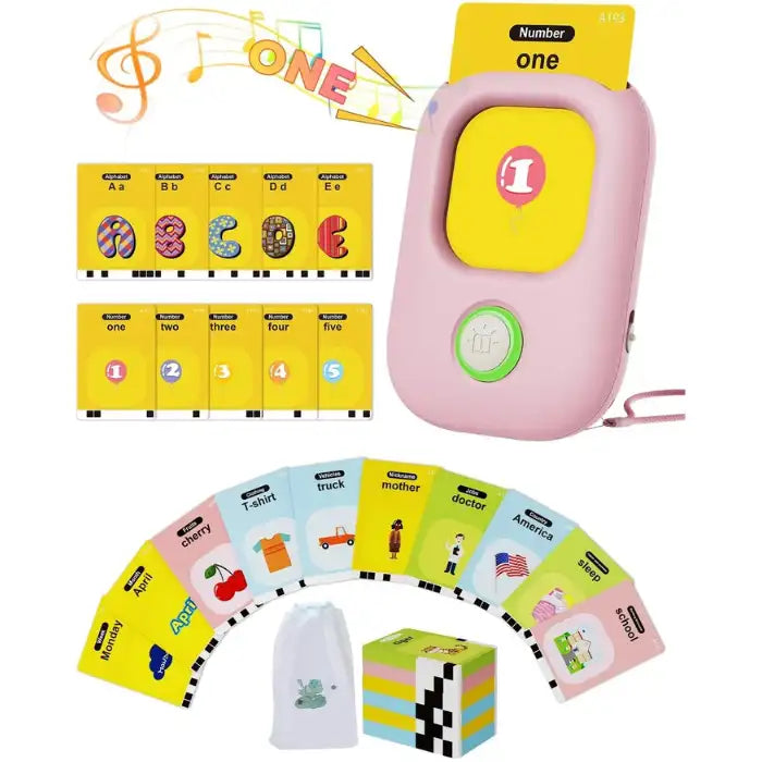 Educational flashcard reader with colorful cards for kids covering numbers, alphabet, and daily words.
