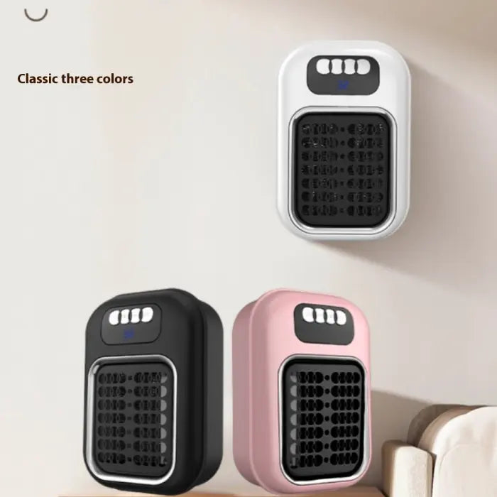 Efficient space heater displayed in classic three colors mounted on wall.
