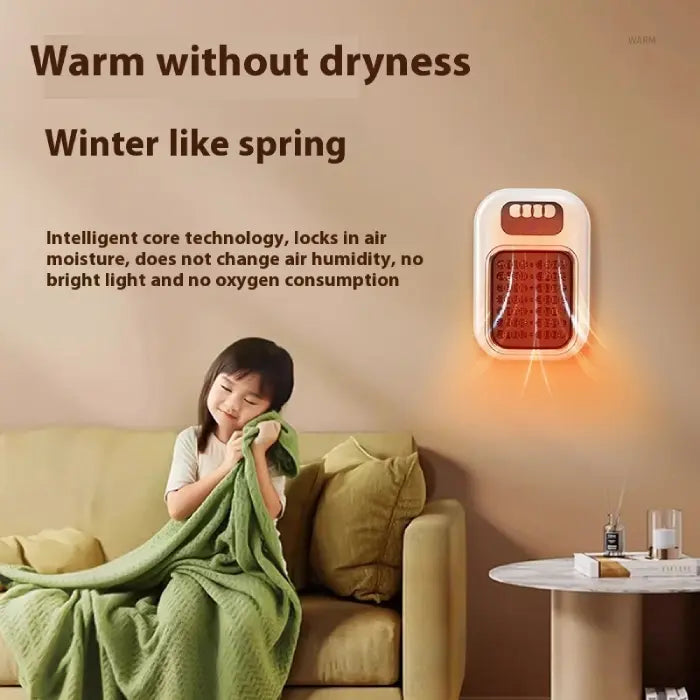 Efficient space heater warming a room safely while a child sits on a sofa.