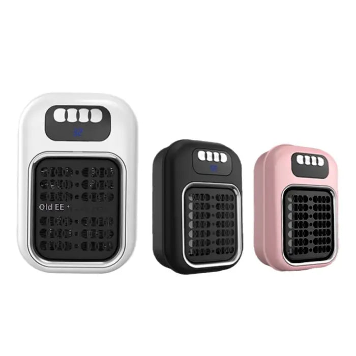 Efficient space heater shown in three colors: white, black, and pink.