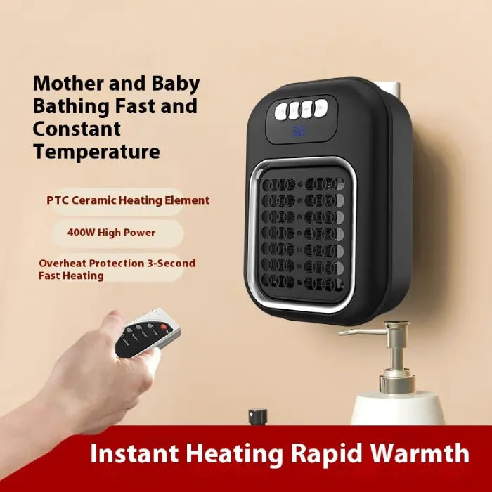 Efficient space heater in black delivering rapid warmth with remote control.