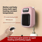 Efficient space heater in pink on bathroom wall shown with remote control operation.