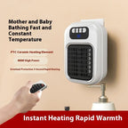 Efficient space heater in white mounted on wall with remote for fast constant heating.