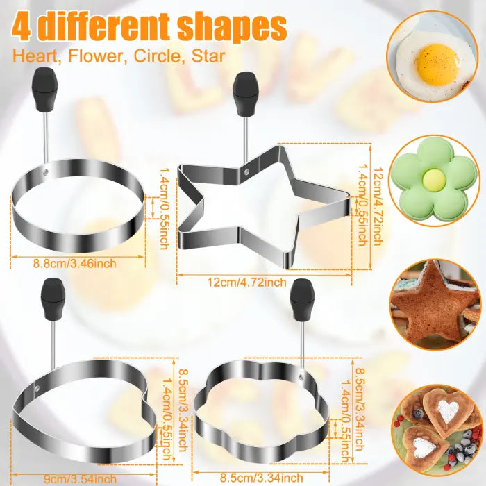 Four stainless steel egg molds in heart, star, circle, and flower shapes with dimensions shown.