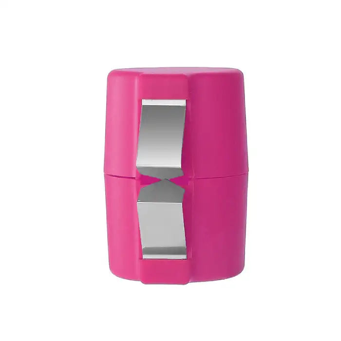 Pink egg shell opener shown closed with steel blades, highlighting its compact and colorful build.