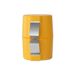 Yellow egg shell opener in closed position showing dual stainless steel blade design from front view.