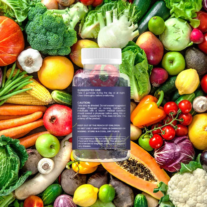 Sumbucus Acid Gummies bottle promoting natural immune system support with a vibrant vegetable background.