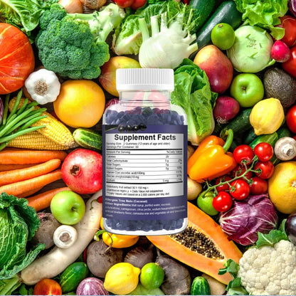 Sumbucus Acid Gummies supplement facts showing elderberry, Vitamin C, and Zinc benefits with vegetable background