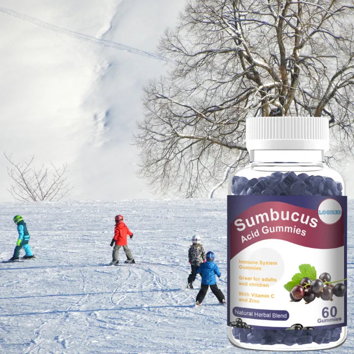 Sumbucus Acid Gummies bottle for winter immune support with kids playing in the snow.