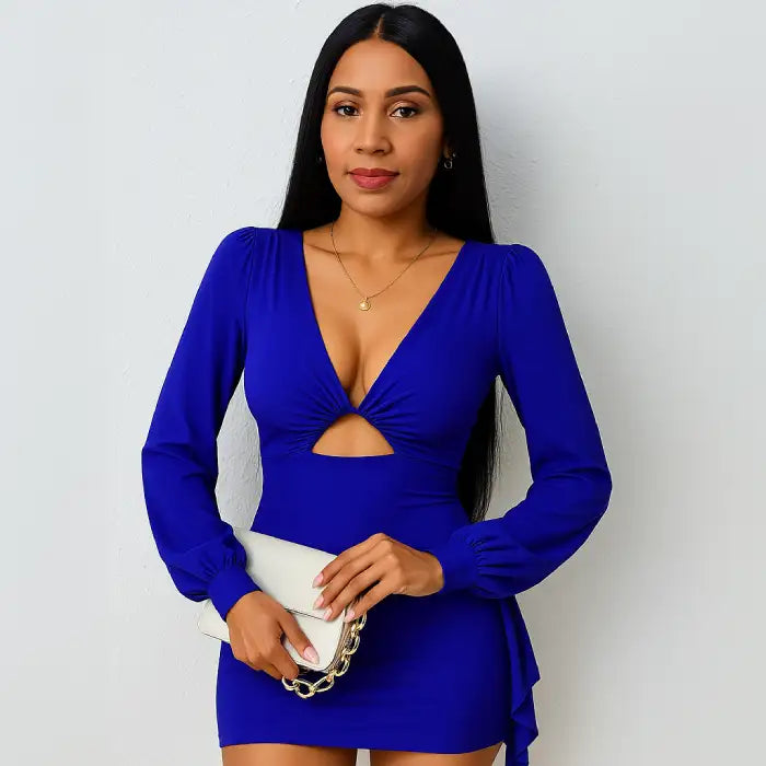 Electric blue sexy party dress with a side ruffle detail, long balloon sleeves, and a flattering ruched waist, perfect for evening events.