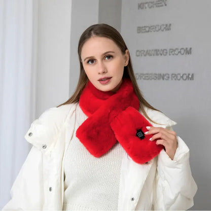 Stylish red heated scarf with soft plush fabric, perfect for winter warmth and comfort.