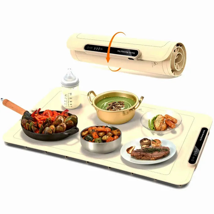 Electric warming tray showcasing rolled storage feature, with various dishes including seafood and soup.