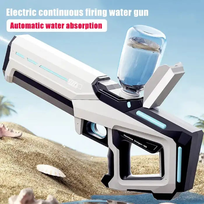 Electric Water Gun with external water bottle placed on beach ready for continuous shooting.