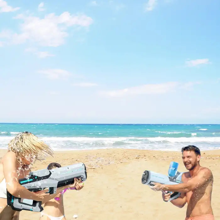  Electric Water Gun beach fight between adults and kids enjoying sunny day with water splash action.