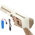 Electric Water Gun in beige with battery and USB cable included for easy recharging.