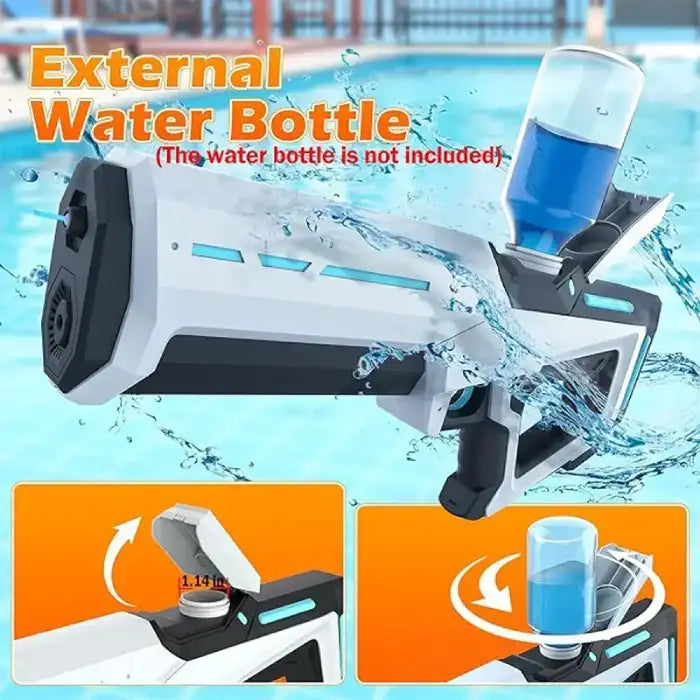 Electric Water Gun with detachable water bottle installed for extended use at the pool.
